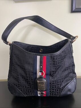 TOMMY HILFIGER Y2K NAVY BLUE HOBO HANDBAG SIGNATURE LOGO FABRIC